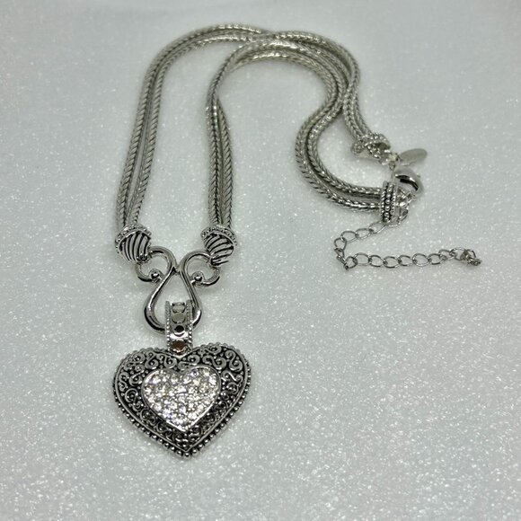 Lia Sophia Pave Rhinestone Heart Necklace 17" With 4" Extender Silver Tone Chain - Picture 5 of 6